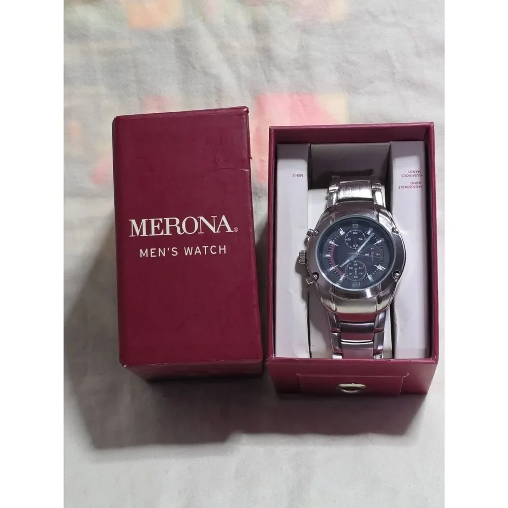 Merona Mens Chronograph Style Stainless Steel Quartz Watch New Old Stock